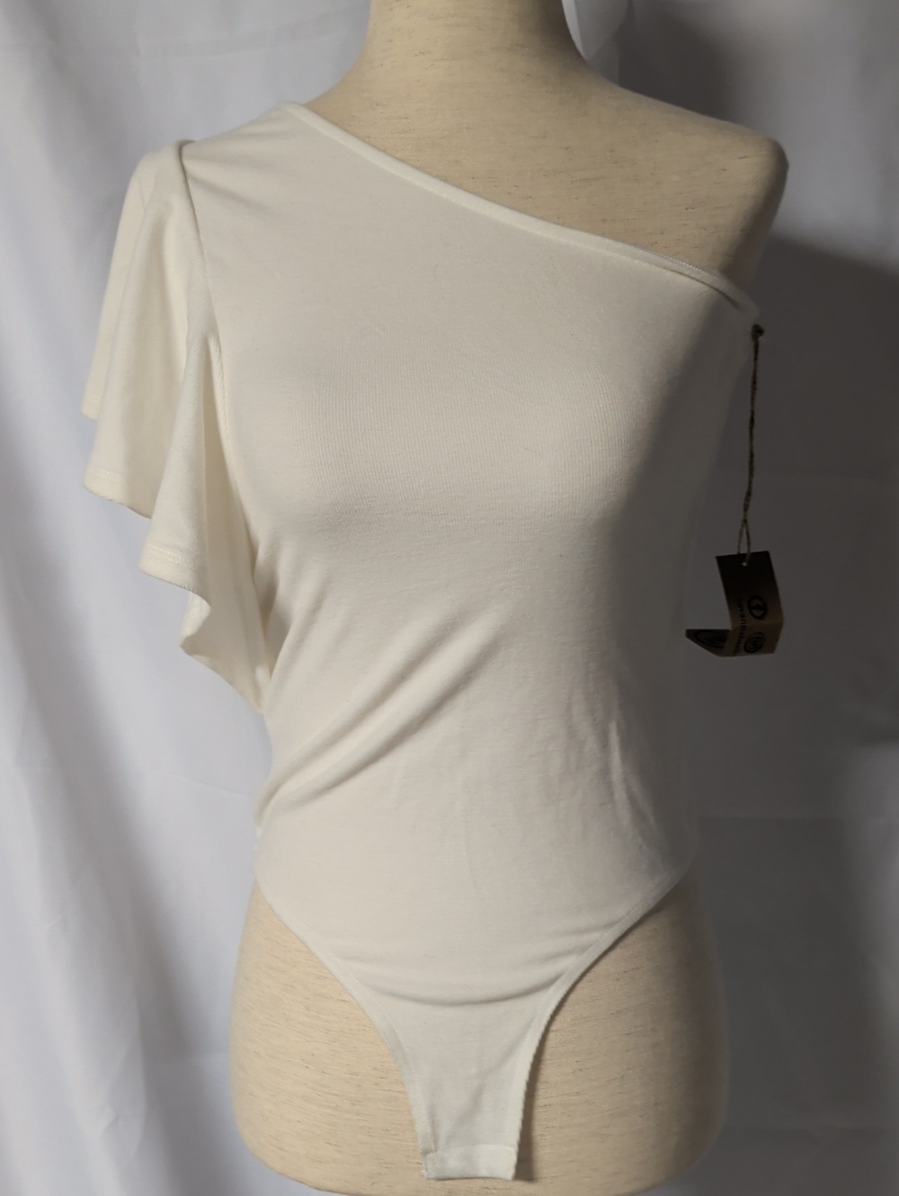 glam One-Shoulder Cream Ruffle-Sleeve Bodysuit